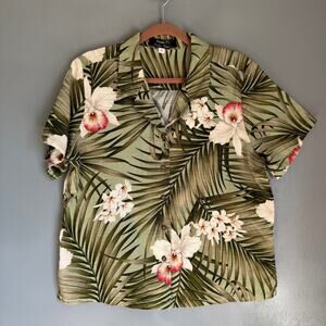 POHALEU T'S Women's XL Green Floral Bark Cloth Hawaiian Shirt Kauai Handmade